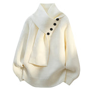 Women's Ribbed Knit Jumper with Draped Scarf-Neck Collar