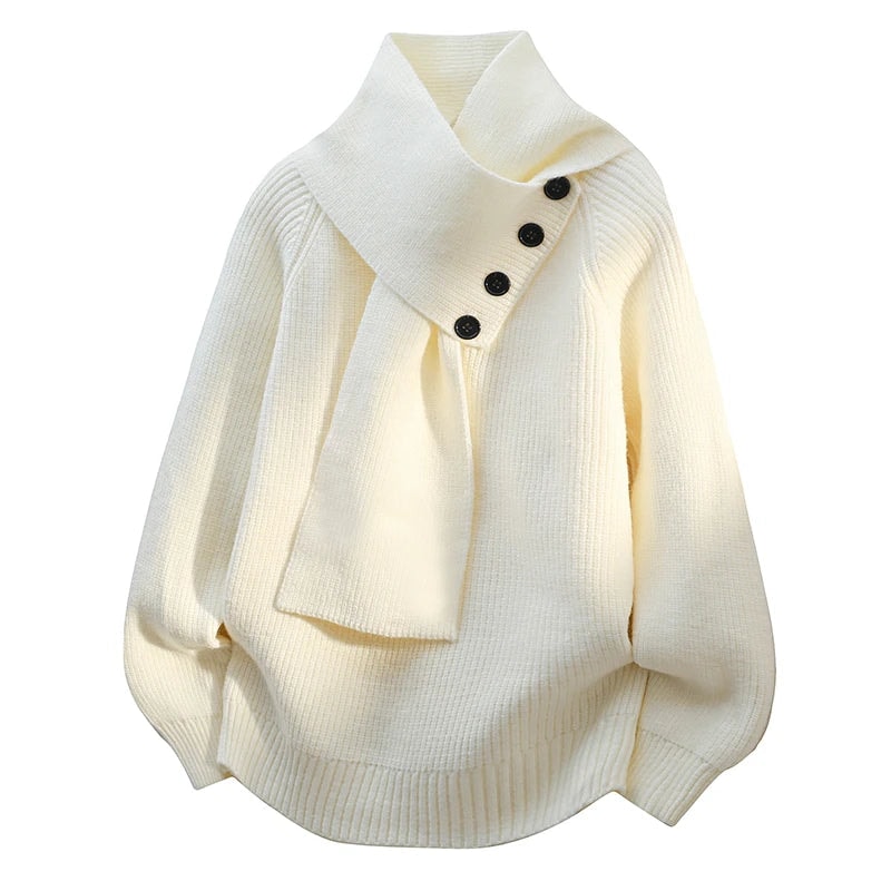 Women's Ribbed Knit Jumper with Draped Scarf-Neck Collar