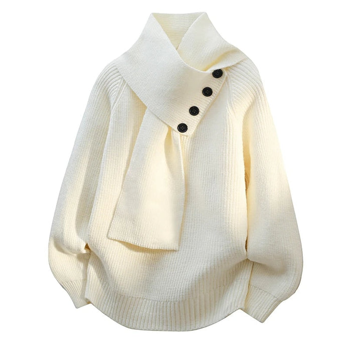 Women's Ribbed Knit Jumper with Draped Scarf-Neck Collar