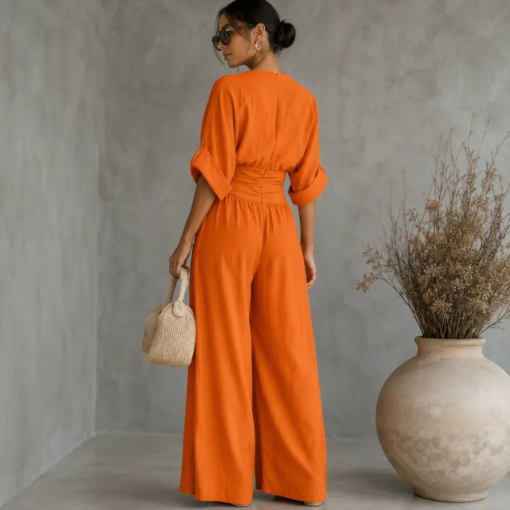 Wide Leg V-Neck Jumpsuit with Pleated Waist Sash for Women