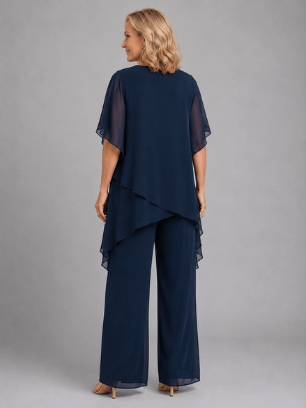 Women's Chiffon Two-Piece Co-Ord Set with Layered Top and Wide-Leg Trousers