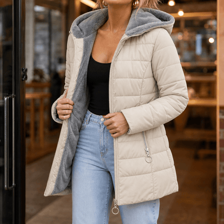 Women's Longline Quilted Puffer Jacket with Hood and Zip Pockets