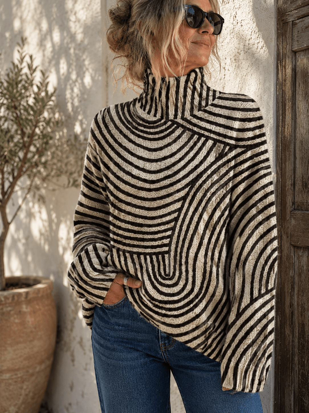 Women's Striped Roll-Neck Knitted Jumper with Contrast Pattern