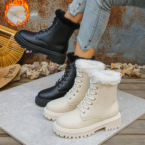 Women's Faux Leather Winter Boots with Faux Fur Trim and Chunky Platform Sole
