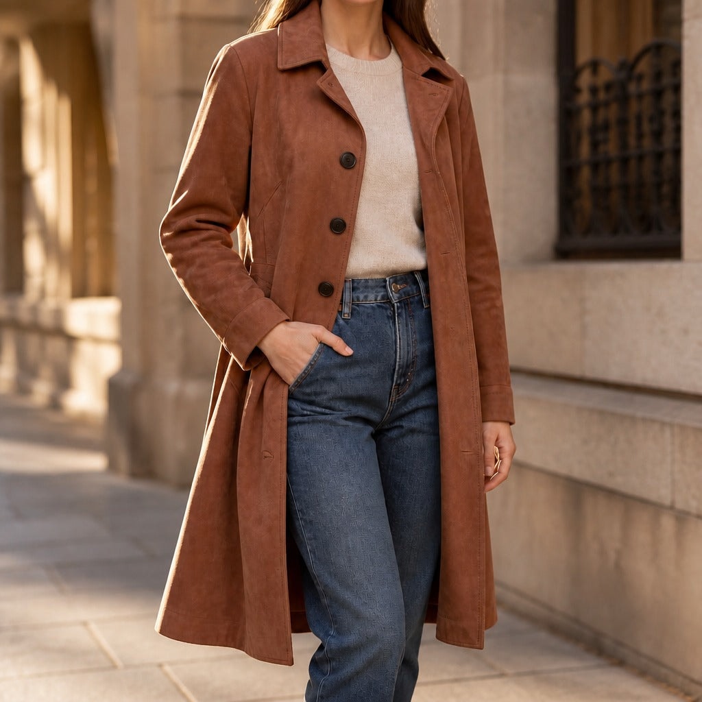 Women's Long Suede-Effect Button-Front Coat with Clean Vertical Line