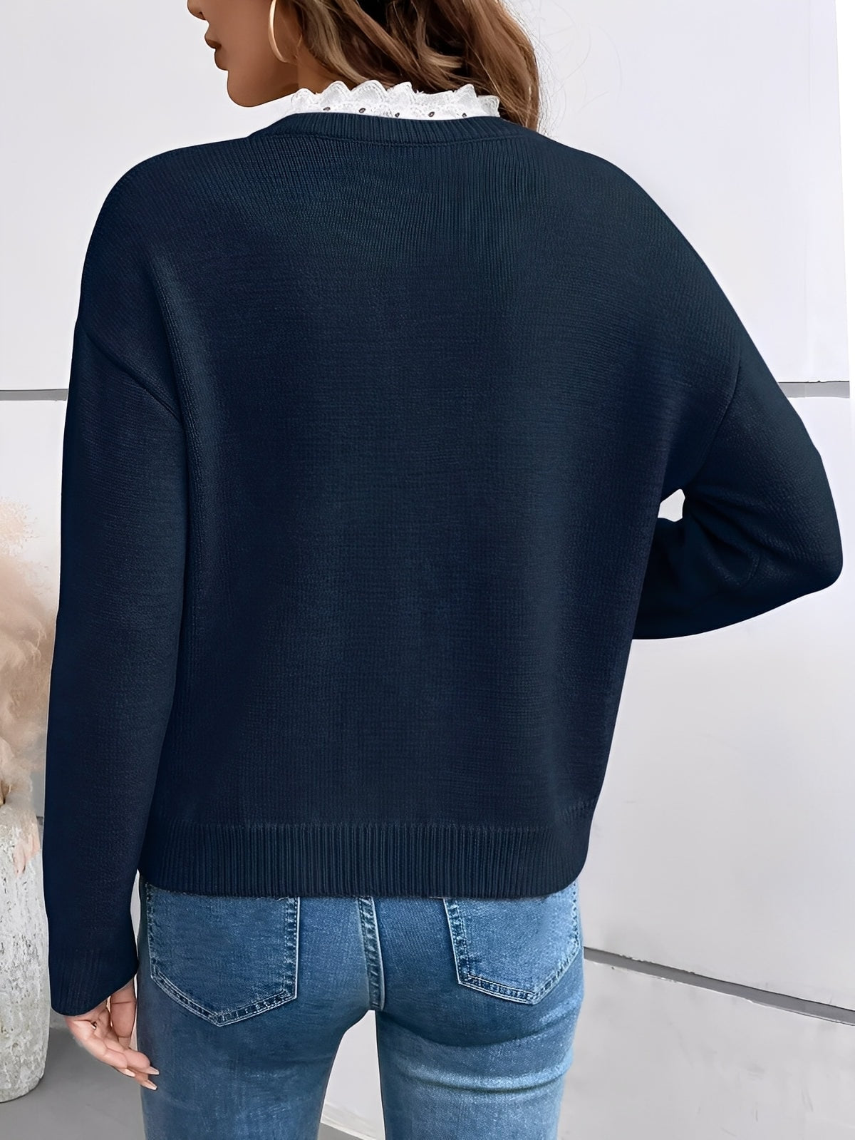 Kaitlyssa Lace-Trim V-Neck Women's Knitted Jumper