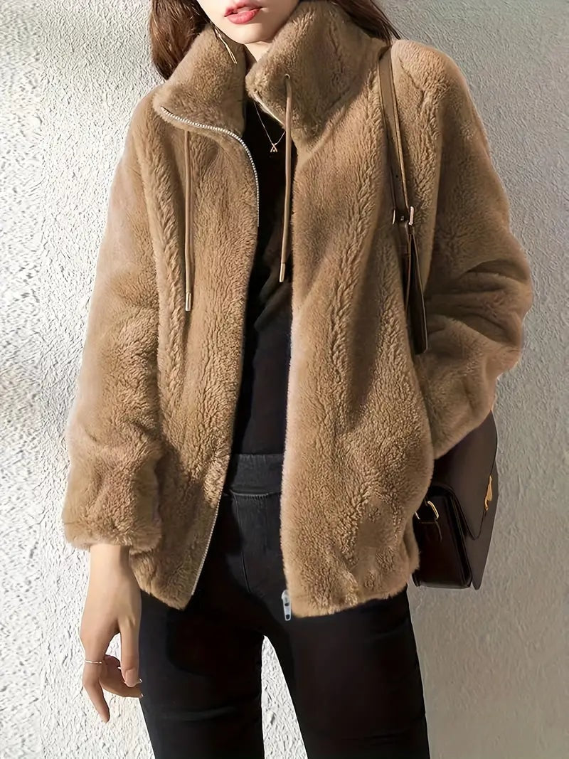 Phoebe Faux Fur Zip-Up Women's Coat with Drawstring Stand Collar