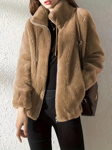 Phoebe Faux Fur Zip-Up Women's Coat with Drawstring Stand Collar
