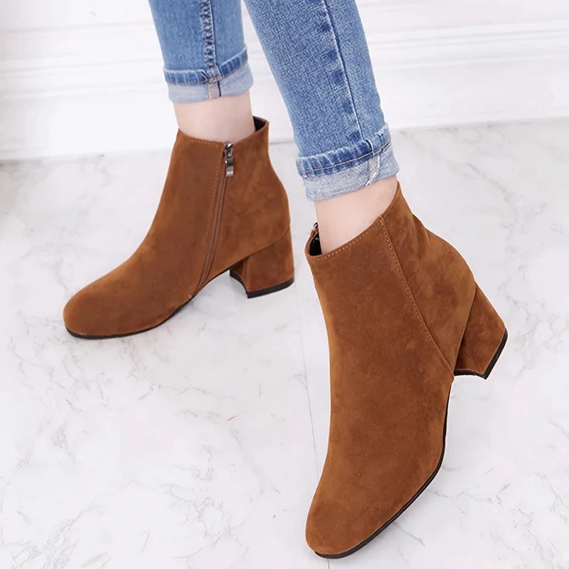 Women's Suede Block Heel Ankle Boots with Side Zip