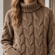 Women's Cable Knitted Turtleneck Jumper with Ribbed Cuffs