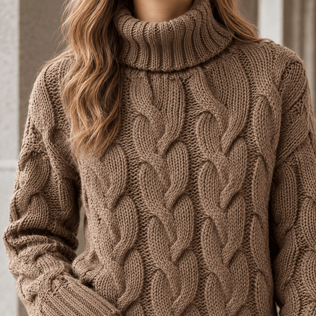 Women's Cable Knitted Turtleneck Jumper with Ribbed Cuffs