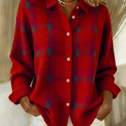 Women's Plaid Knit Button-Up Shirt Jumper with Collar
