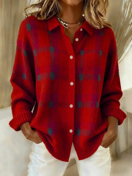 Women's Plaid Knit Button-Up Shirt Jumper with Collar