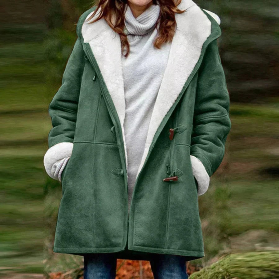 Women's Fleece-Lined Faux Suede Hooded Jacket with Toggle Closure