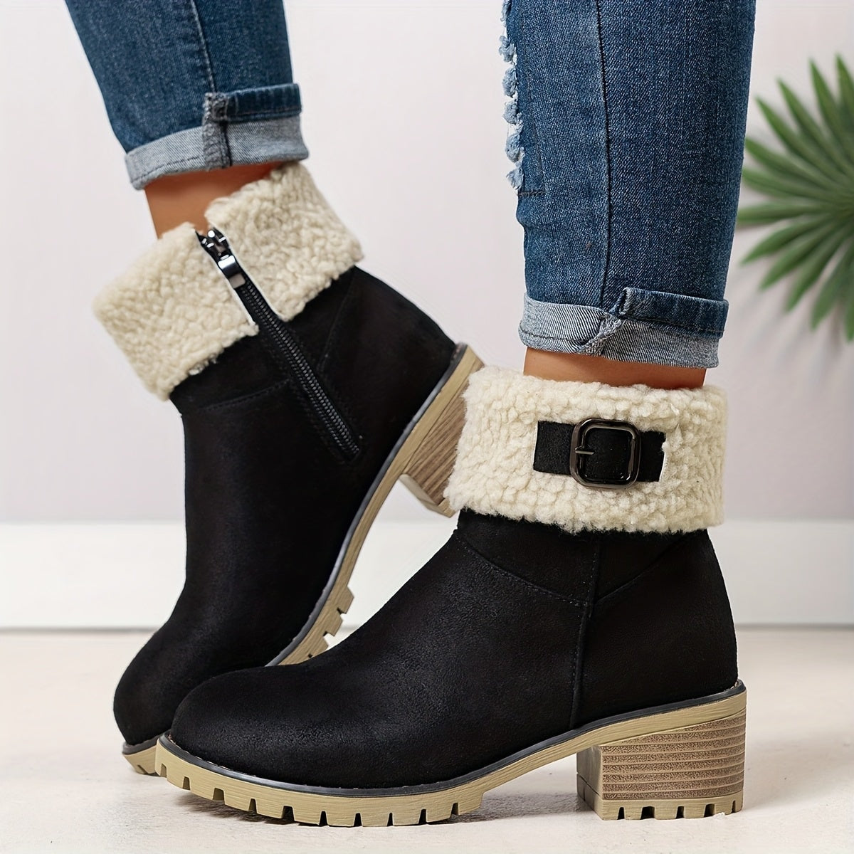 Faux Shearling Cuff Buckle Boots with Block Heel