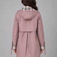 Women's Hooded Longline Zip-Up Rain Jacket with Check Trim