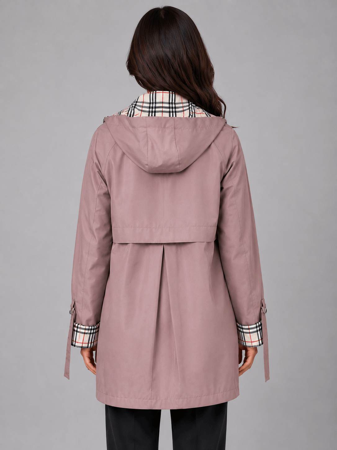 Women's Hooded Longline Zip-Up Rain Jacket with Check Trim