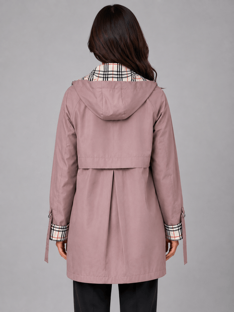 Women's Hooded Longline Zip-Up Rain Jacket with Check Trim