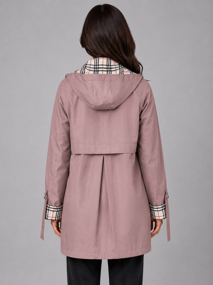 Women's Hooded Longline Zip-Up Rain Jacket with Check Trim
