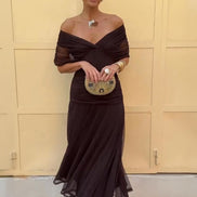 Wrap V-Neck Mesh Overlay Midi Dress for Christmas Party Events