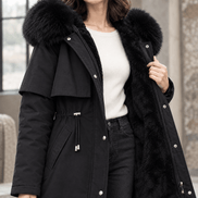 Agnes-Hope Women's Longline Hooded Winter Coat with Faux Fur Trim and Drawcord Waist