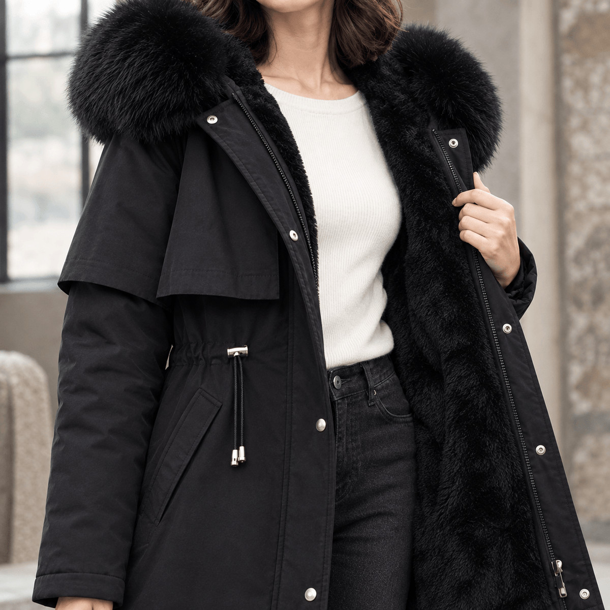 Agnes-Hope Women's Longline Hooded Winter Coat with Faux Fur Trim and Drawcord Waist