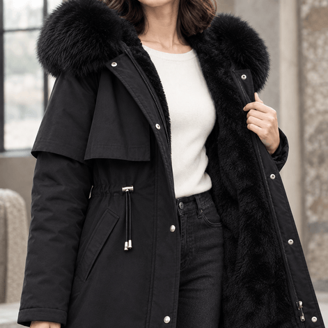 Agnes-Hope Women's Longline Hooded Winter Coat with Faux Fur Trim and Drawcord Waist