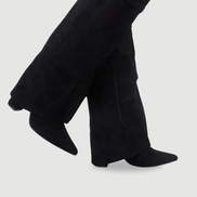 Women's Suede Fold-Over Boots with Pointed Toe and Gold Buckle Detail