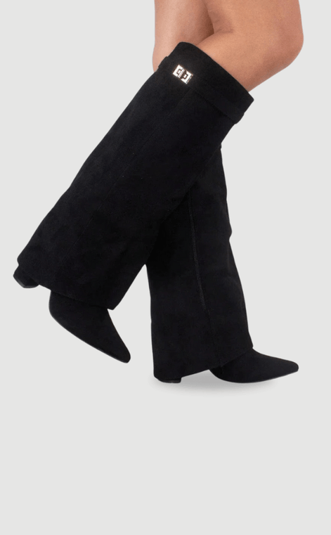 Women's Suede Fold-Over Boots with Pointed Toe and Gold Buckle Detail