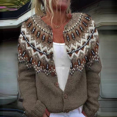 Adeline Women's Fair Isle Yoke Knitted Cardigan with Wooden Buttons