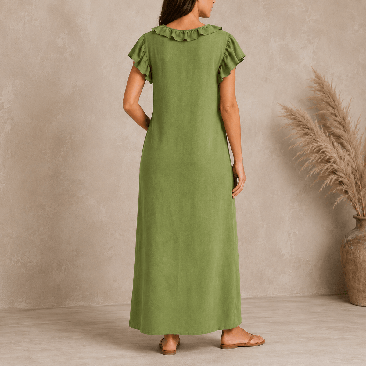 Ruffled V-Neck Maxi Dress with Hidden Pockets for Women
