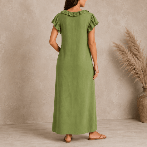 Ruffled V-Neck Maxi Dress with Hidden Pockets for Women