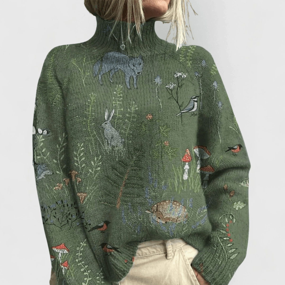 Centenia Floral Roll Neck Women's Knitted Jumper with Ribbed Cuffs