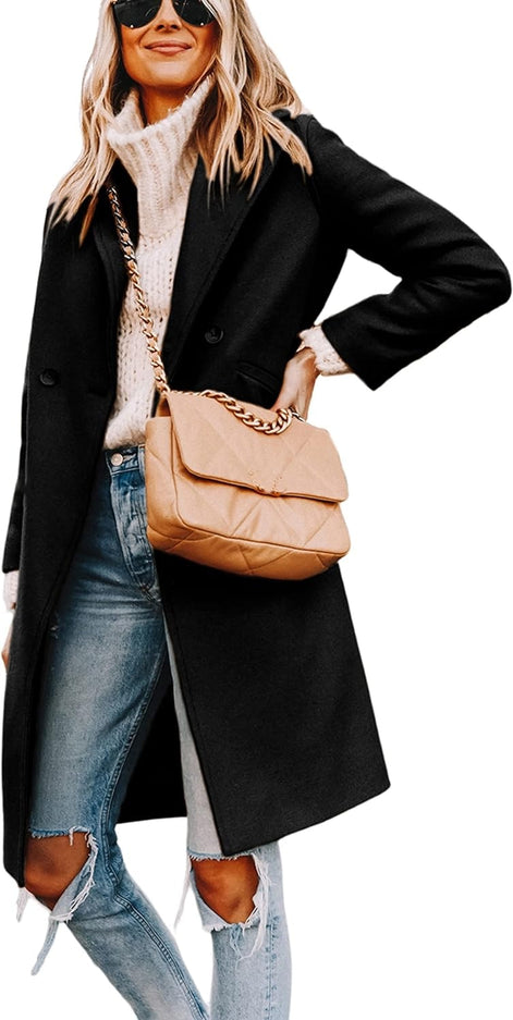 Women's Notch Lapel Double-Breasted Long Wool Winter Coat with Side Pockets