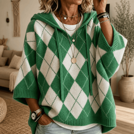 Women's Hooded Argyle Batwing Poncho Knitted Jumper with Relaxed Fit