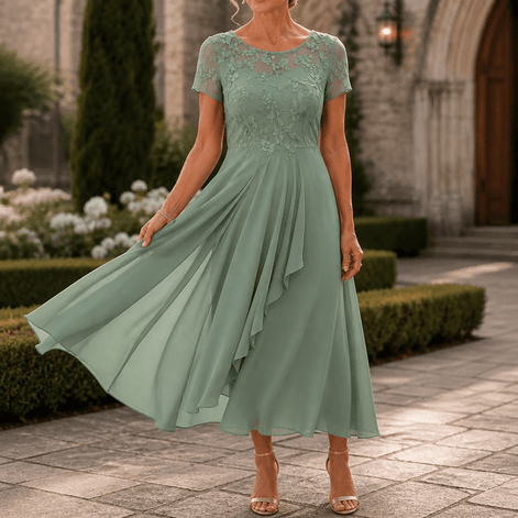 Lace Bodice Chiffon Women's Midi Dress with Ruffle Skirt