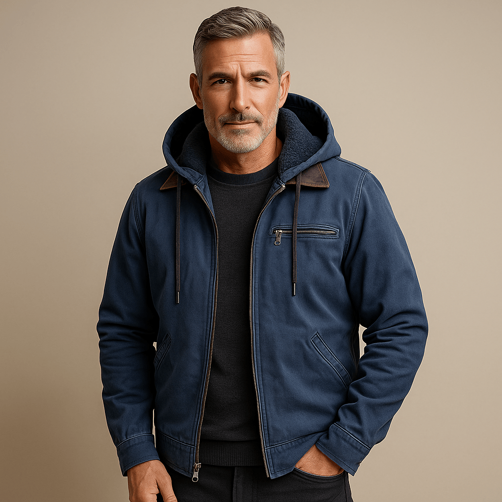 Men's Hooded Cotton Jacket with Fleece Lining and Suede-Trimmed Collar