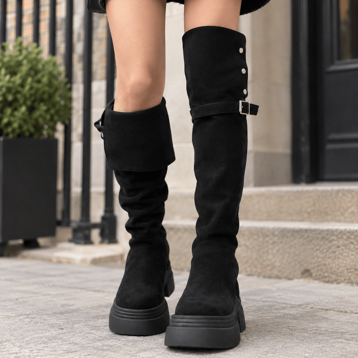 Venturi Faux Suede Platform Over-the-Knee Boots with Foldover Cuff and Buckle Detail