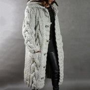 Chunky Hooded Long Cable-Knit Cardigan Coat with Pockets for Women