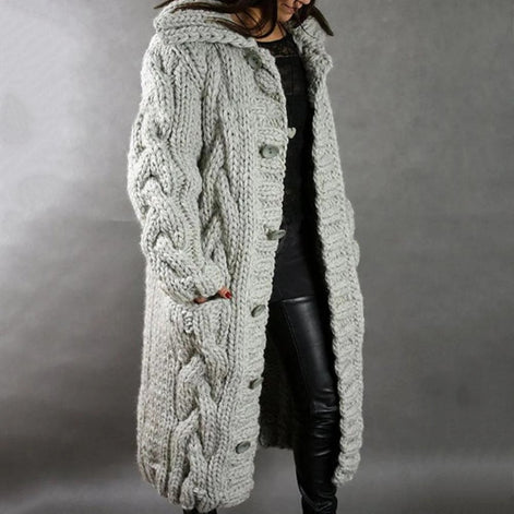 Chunky Hooded Long Cable-Knit Cardigan Coat with Pockets for Women