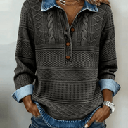 Melkorka Denim-Effect Collared Cable Knit Top with Long Sleeves