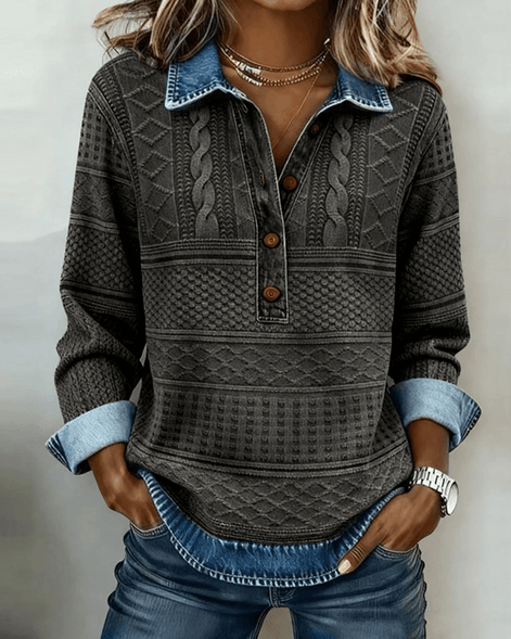 Melkorka Denim-Effect Collared Cable Knit Top with Long Sleeves