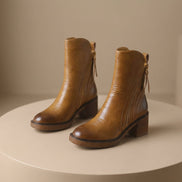 Bellora Leather Ankle Boots with Side Zipper and Stacked Block Heel