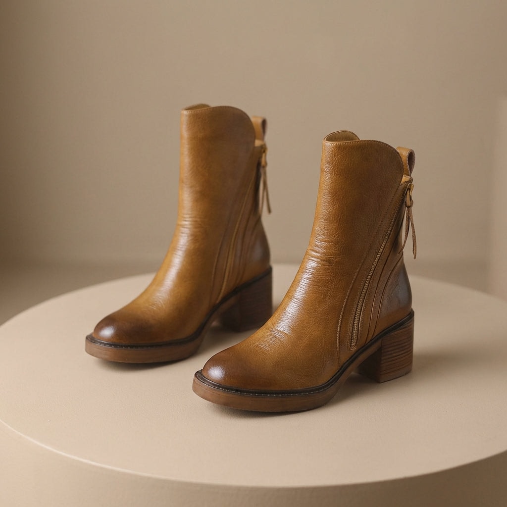 Bellora Leather Ankle Boots with Side Zipper and Stacked Block Heel