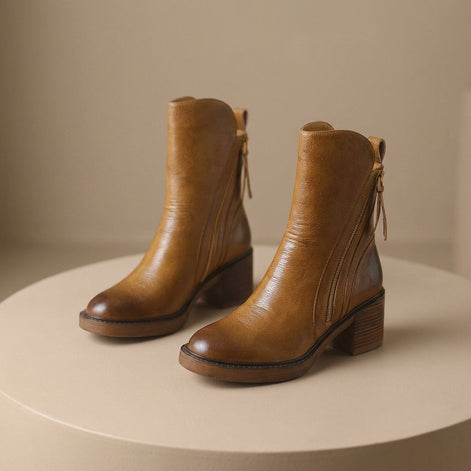 Bellora Leather Ankle Boots with Side Zipper and Stacked Block Heel