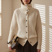Women's Ribbed Turtleneck Knitted Cardigan with Button Front