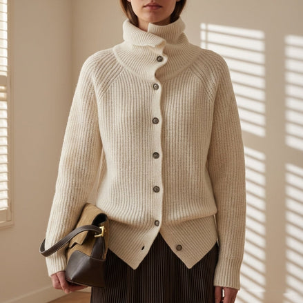 Women's Ribbed Turtleneck Knitted Cardigan with Button Front