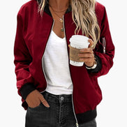 Women's Classic Polyester Bomber Jacket with Ribbed Trim and Zip-Up Front