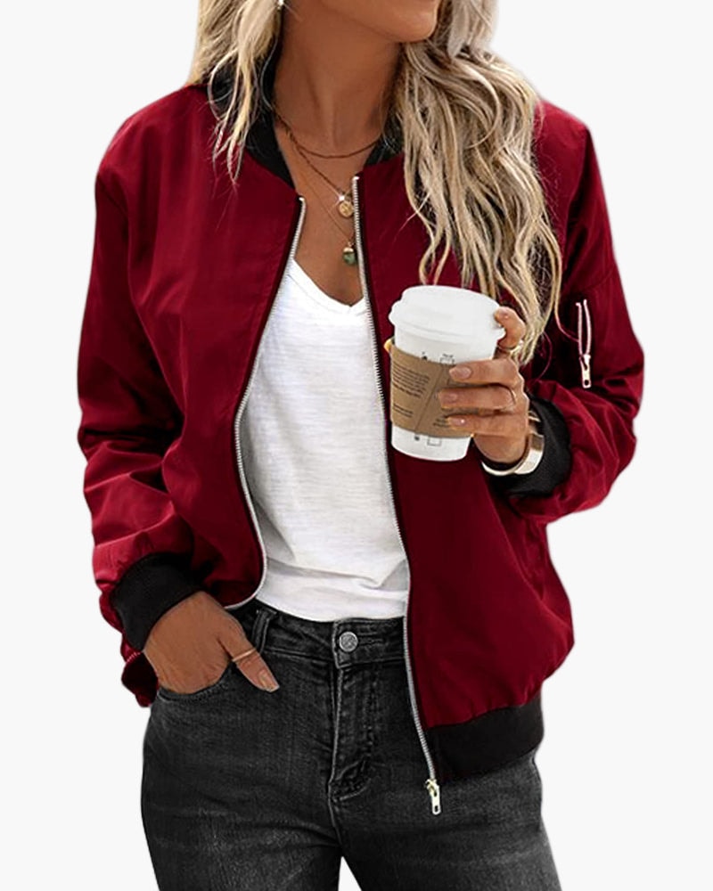 Women's Classic Polyester Bomber Jacket with Ribbed Trim and Zip-Up Front