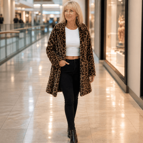 Women's Leopard Print Faux Fur Longline Coat with Open Front